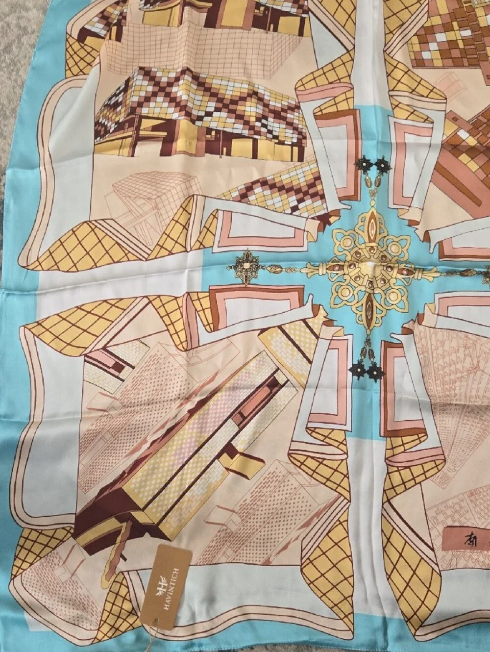 100%silkPrinted Fashion Scarf in Turquoise, Beige & Gold